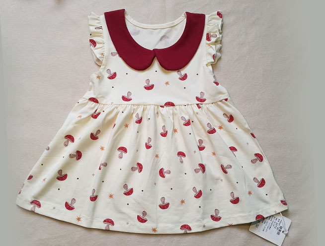 Cute Mushroom Printed Collared Summer Frock for Little Girls - Off-White and Maroon