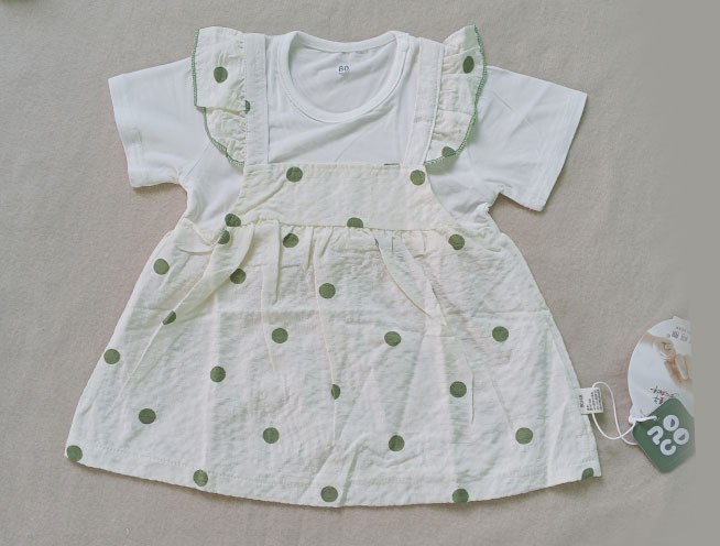 Cute Polka Dot Printed Pinafore Style Frock Two-Piece Set for Girls - Off-White and Olive Green