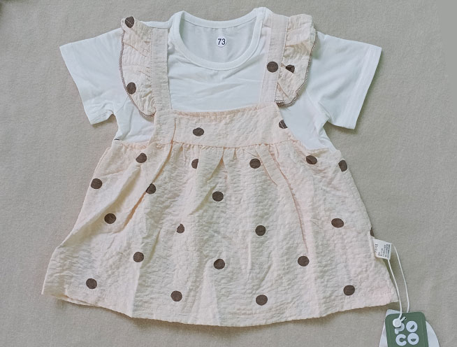 Cute Polka Dot Printed Pinafore Style Frock Two-Piece Set for Girls - Off-White and Pink